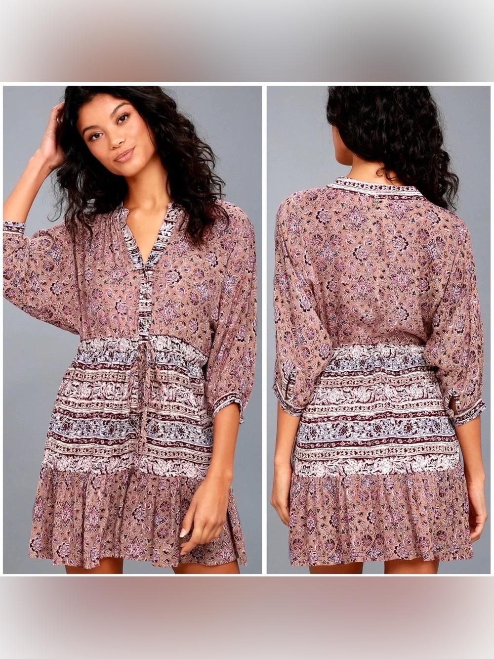 Billabong Marry Mine Boho Print Shirt Dress Medium Beachy Surfer Dolman Sleeve
